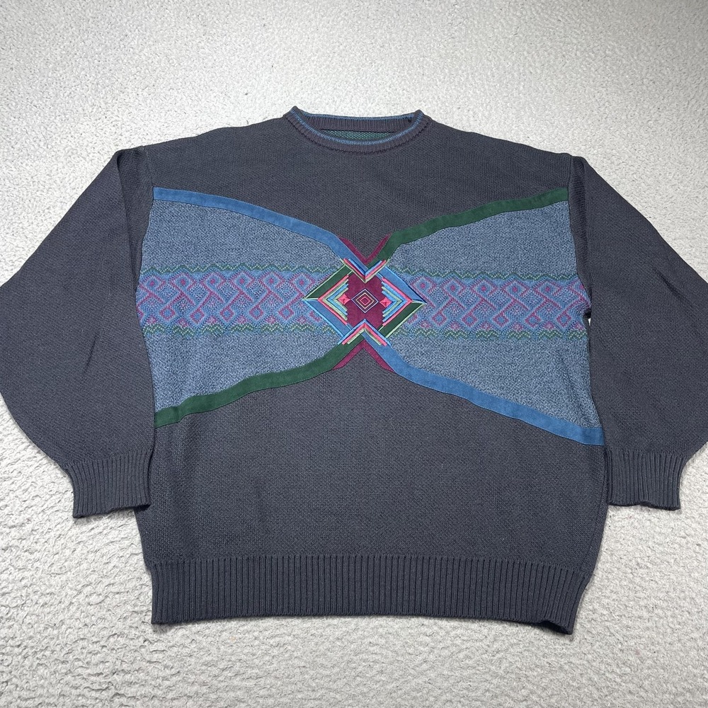 Aztec Tribal‎ Sweater Mens 2XL Gray Geometric Knit Embroidered Crewneck Pullover